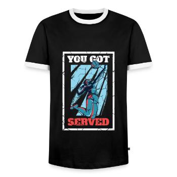 Volleyball serve - Men's Ringer Shirt - black/white - Front - AI Model Female 172 light (172cm) & AI Model Male 178 light (178cm)
