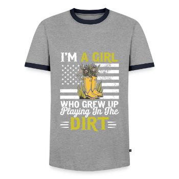 Lovers of Southwestern folk music - Men's Ringer Shirt - grey/navy  - Front - AI Model Female 172 light (172cm) & AI Model Male 178 light (178cm)