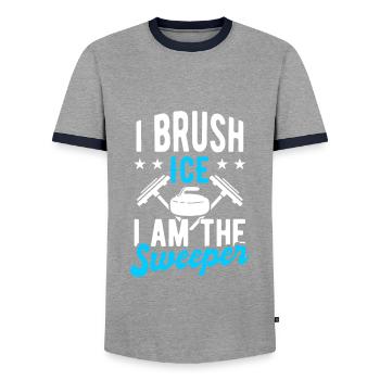 Curling Stone Curler - Men's Ringer Shirt - grey/navy  - Front - AI Model Female 172 light (172cm) & AI Model Male 178 light (178cm)