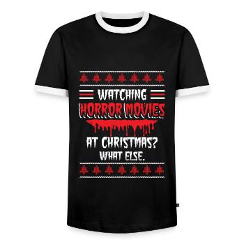Horror movies watch movie lovers Christmas - Men's Ringer Shirt - black/white - Front - AI Model Female 172 light (172cm) & AI Model Male 178 light (178cm)