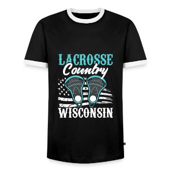 Game with crossed sticks LAX sports team - Men's Ringer Shirt - black/white - Front - AI Model Female 172 light (172cm) & AI Model Male 178 light (178cm)