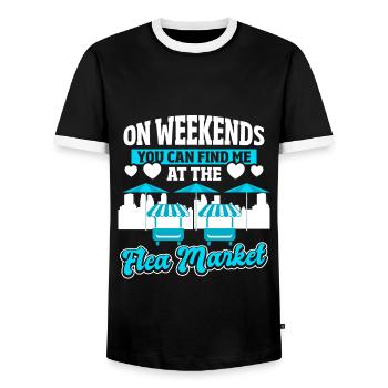 Sammlerstücke Tauschbörse Junkie Verkäufer - Männer Kontrast-T-Shirt - Schwarz/Weiß - Vorne - AI Model Female 172 light (172cm) & AI Model Male 178 light (178cm)