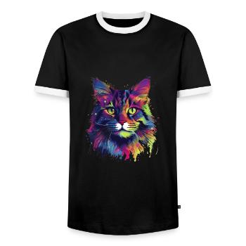 Colorful Maine-coon cat - Men's Ringer Shirt - black/white - Front - AI Model Female 172 light (172cm) & AI Model Male 178 light (178cm)