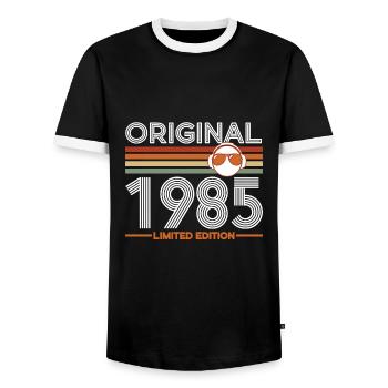 1985 - Männer Kontrast-T-Shirt - Schwarz/Weiß - Vorne - AI Model Female 172 light (172cm) & AI Model Male 178 light (178cm)