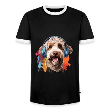 Bunter Lagotto Romagnolo mit Kopfhörer - Männer Kontrast-T-Shirt - Schwarz/Weiß - Vorne - AI Model Female 172 light (172cm) & AI Model Male 178 light (178cm)