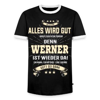 Alles wird gut denn Werner ist wieder da T-shirt - Männer Kontrast-T-Shirt - Schwarz/Weiß - Vorne - AI Model Female 172 light (172cm) & AI Model Male 178 light (178cm)