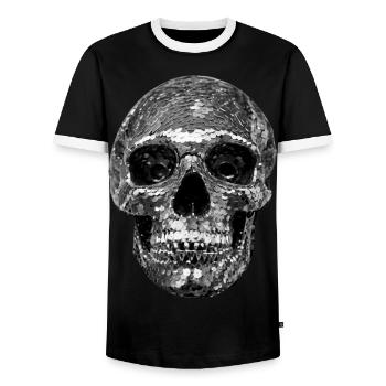 Skull, metallic, sequins, rivets, silver - Men's Ringer Shirt - black/white - Front - AI Model Female 172 light (172cm) & AI Model Male 178 light (178cm)