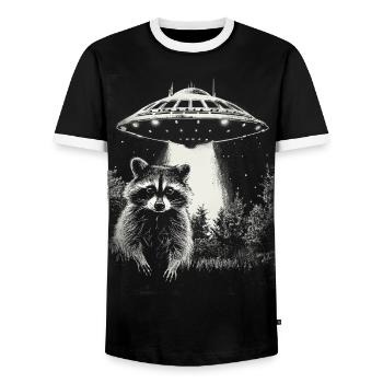 Funny Raccoon UFO - Men's Ringer Shirt - black/white - Front - AI Model Female 172 light (172cm) & AI Model Male 178 light (178cm)