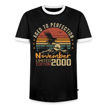 Die Legenden wurden im November 2000 - 2000 geboren - Männer Kontrast-T-Shirt - Schwarz/Weiß - Vorne - AI Model Female 172 light (172cm) & AI Model Male 178 light (178cm)