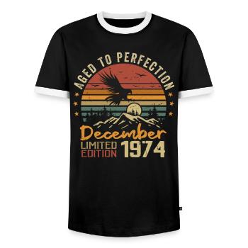 The legends were born in December 1974 - 1974 - Men's Ringer Shirt - black/white - Front - AI Model Female 172 light (172cm) & AI Model Male 178 light (178cm)