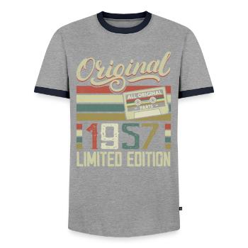 Jahrgang 1957 Retro Geburtstagsgeschenk 1957 - Männer Kontrast-T-Shirt - Grau/Navy  - Vorne - AI Model Female 172 light (172cm) & AI Model Male 178 light (178cm)