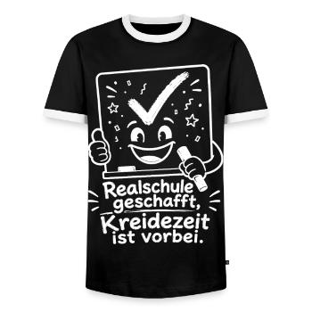 Realschule geschafft, Kreidezeit ist vorbei. - Männer Kontrast-T-Shirt - Schwarz/Weiß - Vorne - AI Model Female 172 light (172cm) & AI Model Male 178 light (178cm)