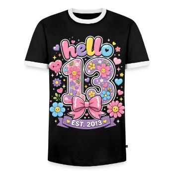 Hello 13 Year Old Gold and Pink Bow | Teen Birthday - Men's Ringer Shirt - black/white - Front - AI Model Female 172 light (172cm) & AI Model Male 178 light (178cm)