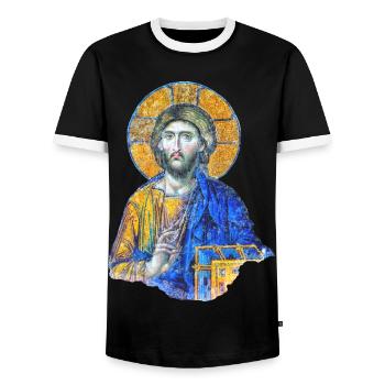 Jesus Christ Mosaic Art in Hagia-Sophia - Men's Ringer Shirt - black/white - Front - AI Model Female 172 light (172cm) & AI Model Male 178 light (178cm)