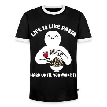Life is like pasta, hard until you make it - Men's Ringer Shirt - black/white - Front - AI Model Female 172 light (172cm) & AI Model Male 178 light (178cm)