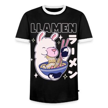 Llamen Kawaii Lama isst Ramen - Männer Kontrast-T-Shirt - Schwarz/Weiß - Vorne - AI Model Female 172 light (172cm) & AI Model Male 178 light (178cm)
