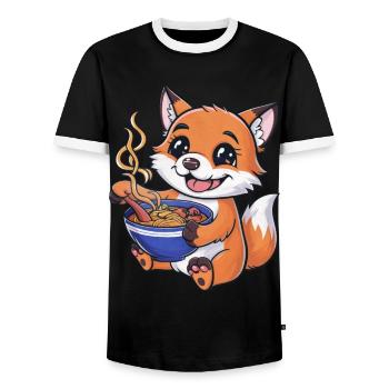Kawaii Fox with Ramen Noodle Soup - Men's Ringer Shirt - black/white - Front - AI Model Female 172 light (172cm) & AI Model Male 178 light (178cm)