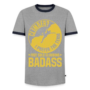 Free Solo Climbing - Men's Ringer Shirt - grey/navy  - Front - AI Model Female 172 light (172cm) & AI Model Male 178 light (178cm)