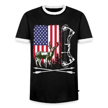 Bow Hunting American Hunter USA Flag Deer Hunt - Men's Ringer Shirt - black/white - Front - AI Model Female 172 light (172cm) & AI Model Male 178 light (178cm)