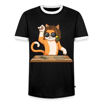 Funny Rasta Cat Dealing Weed Smoking Cannabis - Men's Ringer Shirt - black/white - Front - AI Model Female 172 light (172cm) & AI Model Male 178 light (178cm)