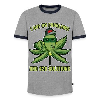 I Got 99 Problems And 420 Solutions Cannabis Weed - Men's Ringer Shirt - grey/navy  - Front - AI Model Female 172 light (172cm) & AI Model Male 178 light (178cm)