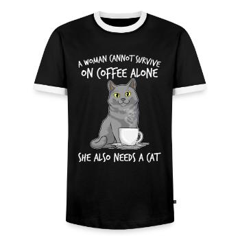 Woman Cat Lover Coffee Lover Caffeine Meow - Men's Ringer Shirt - black/white - Front - AI Model Female 172 light (172cm) & AI Model Male 178 light (178cm)