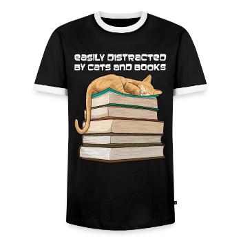 Easily Distracted By Cats And Books Cat Reading - Men's Ringer Shirt - black/white - Front - AI Model Female 172 light (172cm) & AI Model Male 178 light (178cm)