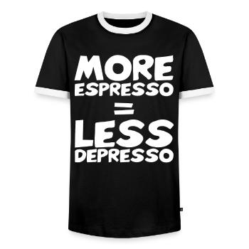 More Espresso Less Depresso Funny Coffee Lover - Men's Ringer Shirt - black/white - Front - AI Model Female 172 light (172cm) & AI Model Male 178 light (178cm)