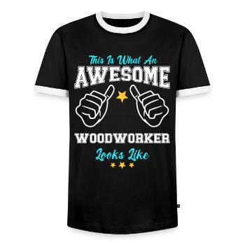 This Is What An Awesome Woodworker Looks Like - Men's Ringer Shirt - black/white - Front - AI Model Female 172 light (172cm) & AI Model Male 178 light (178cm)