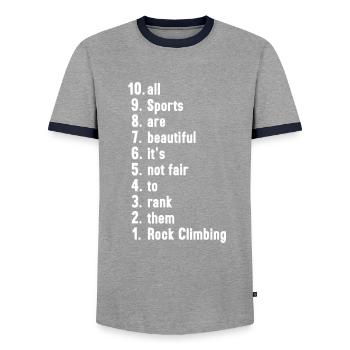 Drôles d’athlètes Dictons Cadeau d’escalade - T-shirt contrasté Homme - gris/marine  - Devant - AI Model Female 172 light (172cm) & AI Model Male 178 light (178cm)