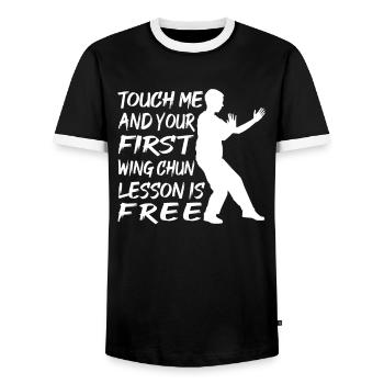 Touch Me And Your First Wing Chun Lesson Is Free - Männer Kontrast-T-Shirt - Schwarz/Weiß - Vorne - AI Model Female 172 light (172cm) & AI Model Male 178 light (178cm)