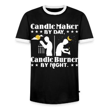 Tagsüber Kerzenmacher, nachts Kerzenbrenner. - Männer Kontrast-T-Shirt - Schwarz/Weiß - Vorne - AI Model Female 172 light (172cm) & AI Model Male 178 light (178cm)