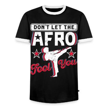 don't let the afro fool you - Men's Ringer Shirt - black/white - Front - AI Model Female 172 light (172cm) & AI Model Male 178 light (178cm)