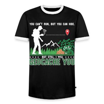 Laufen , aber du kannst dich verstecken. Trotzdem werde ich Geocachen - Männer Kontrast-T-Shirt - Schwarz/Weiß - Vorne - AI Model Female 172 light (172cm) & AI Model Male 178 light (178cm)