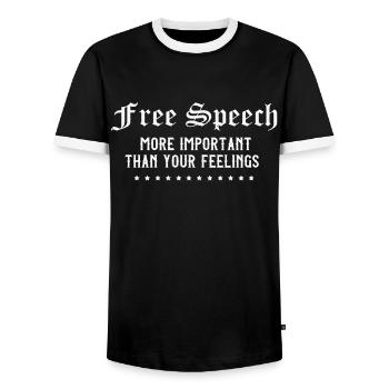 Meinungsfreiheit Redefreiheit Journalist - Männer Kontrast-T-Shirt - Schwarz/Weiß - Vorne - AI Model Female 172 light (172cm) & AI Model Male 178 light (178cm)