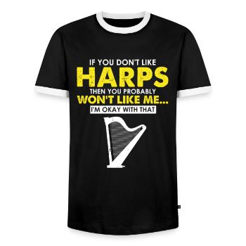 Harp Player Designs for Harp Player Designs - Men's Ringer Shirt - black/white - Front - AI Model Female 172 light (172cm) & AI Model Male 178 light (178cm)