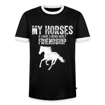 Vaulting Acrobatics Design and Equestrian Horse - Men's Ringer Shirt - black/white - Front - AI Model Female 172 light (172cm) & AI Model Male 178 light (178cm)