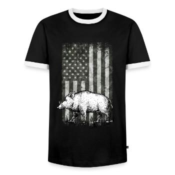 Patriotic Wild Boar Hunting Season for Hog - Men's Ringer Shirt - black/white - Front - AI Model Female 172 light (172cm) & AI Model Male 178 light (178cm)