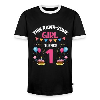Parasaurolophus Design Dinosaur Birthday - Men's Ringer Shirt - black/white - Front - AI Model Female 172 light (172cm) & AI Model Male 178 light (178cm)