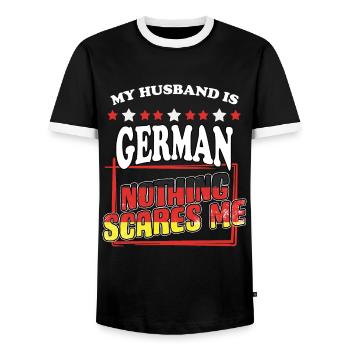 My husband is German Lustig Deutschland humor for - Men's Ringer Shirt - black/white - Front - AI Model Female 172 light (172cm) & AI Model Male 178 light (178cm)