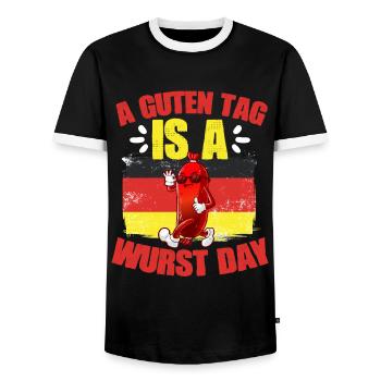Good day Funny German sausage humor for - Men's Ringer Shirt - black/white - Front - AI Model Female 172 light (172cm) & AI Model Male 178 light (178cm)