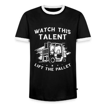 Warehouse drivers and warehouse workers for forklifts - Men's Ringer Shirt - black/white - Front - AI Model Female 172 light (172cm) & AI Model Male 178 light (178cm)