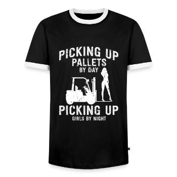 Warehouse drivers and warehouse workers for forklifts - Men's Ringer Shirt - black/white - Front - AI Model Female 172 light (172cm) & AI Model Male 178 light (178cm)