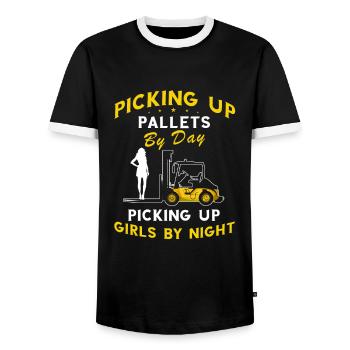 Gabelstaplerfahrer und Lagerhaus Gabestaplerfahrer - Männer Kontrast-T-Shirt - Schwarz/Weiß - Vorne - AI Model Female 172 light (172cm) & AI Model Male 178 light (178cm)