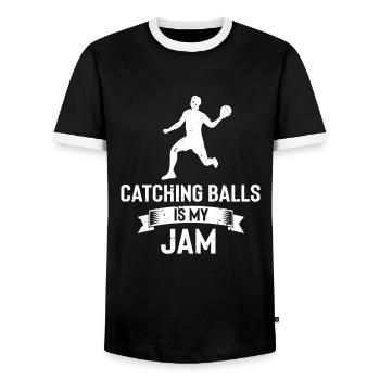 Dodgeball for Dodgeball Player and Gaga Ball - Men's Ringer Shirt - black/white - Front - AI Model Female 172 light (172cm) & AI Model Male 178 light (178cm)