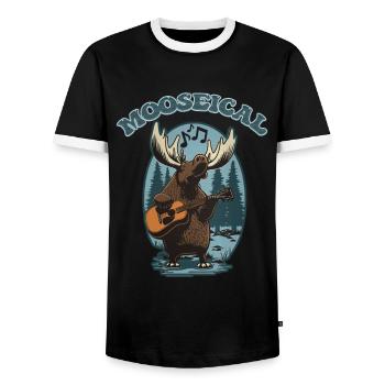 Mooseical - Musical Moose with Acoustic Guitar - Men's Ringer Shirt - black/white - Front - AI Model Female 172 light (172cm) & AI Model Male 178 light (178cm)