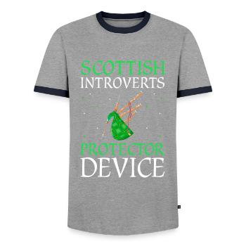 Conception de cornemuse pour Scotland Pride et cornemuse - T-shirt contrasté Homme - gris/marine  - Devant - AI Model Female 172 light (172cm) & AI Model Male 178 light (178cm)