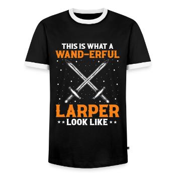 Fantasy role-playing game quote for sword fighting - Men's Ringer Shirt - black/white - Front - AI Model Female 172 light (172cm) & AI Model Male 178 light (178cm)