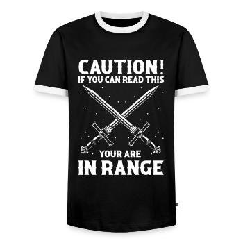 Larping Quote for Role Playing Games and Larpers - Men's Ringer Shirt - black/white - Front - AI Model Female 172 light (172cm) & AI Model Male 178 light (178cm)