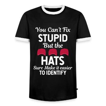 You Can't Fix Stupid But The Hats Sure Make It - Men's Ringer Shirt - black/white - Front - AI Model Female 172 light (172cm) & AI Model Male 178 light (178cm)